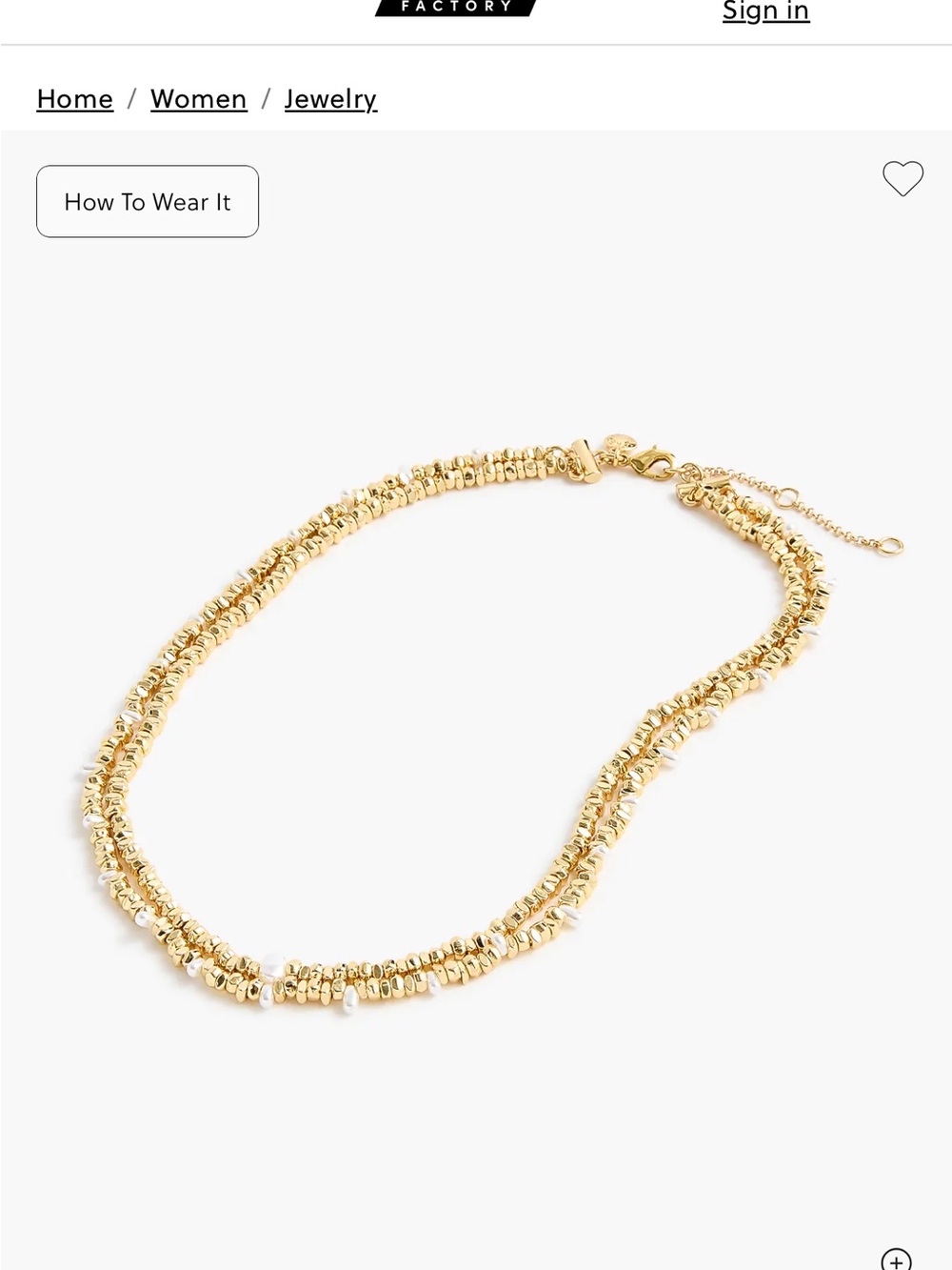 J Crew Gold Beaded Double-Strand Women’s Necklace with pearl detail NWT
